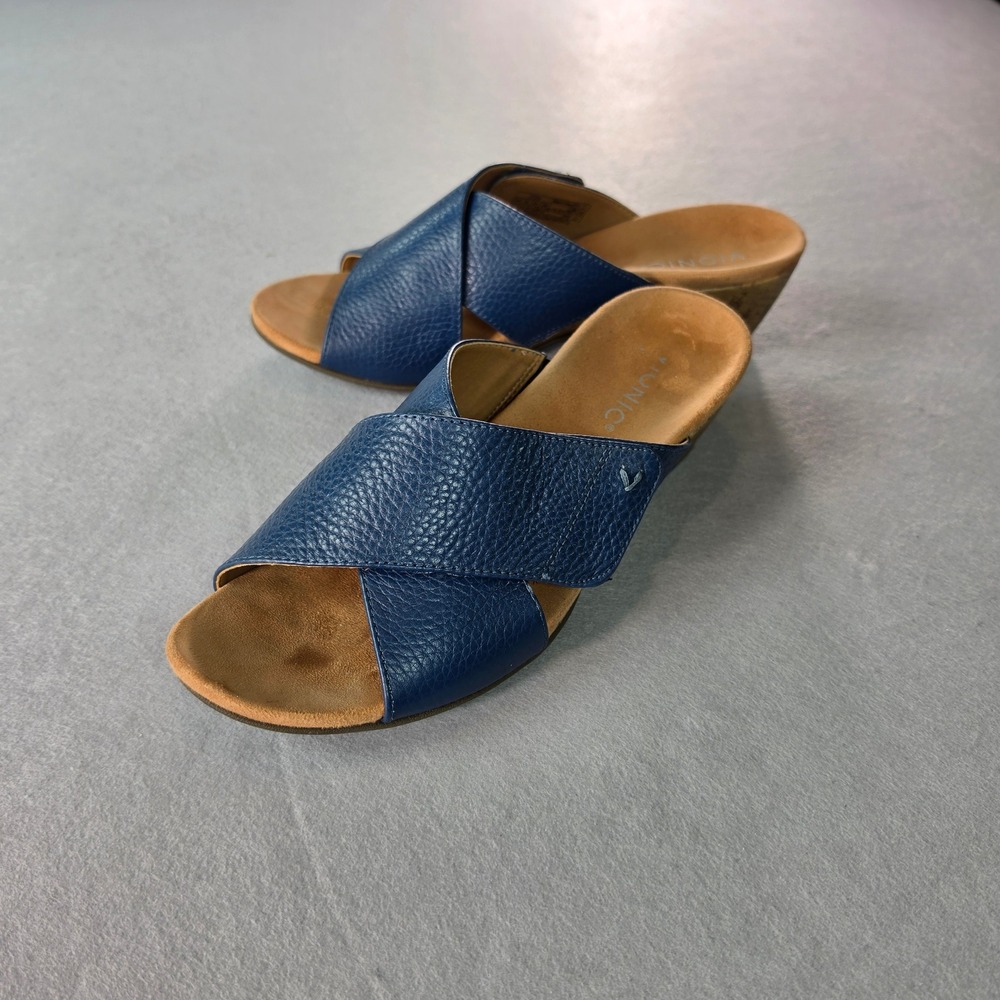 Vionic Leticia Navy Blue Pebbled Leather Cross Strap Wedge Sandals Womens 9.5